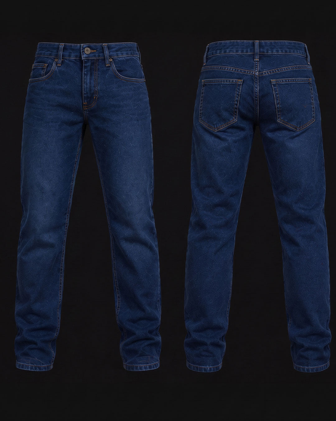 Front and back views of dark blue straight-leg denim jeans displayed against a solid black background.