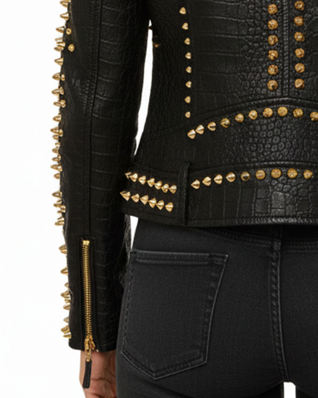 Women’s Black Crocodile Texture Studded Leather Jacket