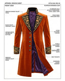 Mens orange coat with black and gold embroidered lapel, cuffs, and long Victorian gothic tailcoat design shown on male model
