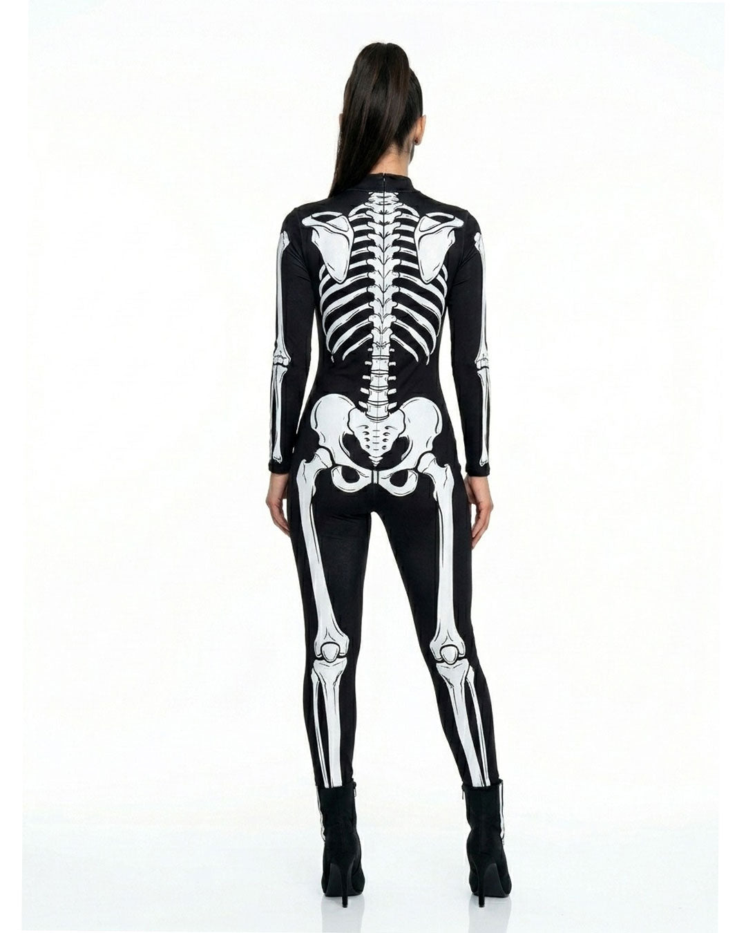 Women’s skeleton body suit Halloween costume with black fitted bodysuit and white full-body bone print