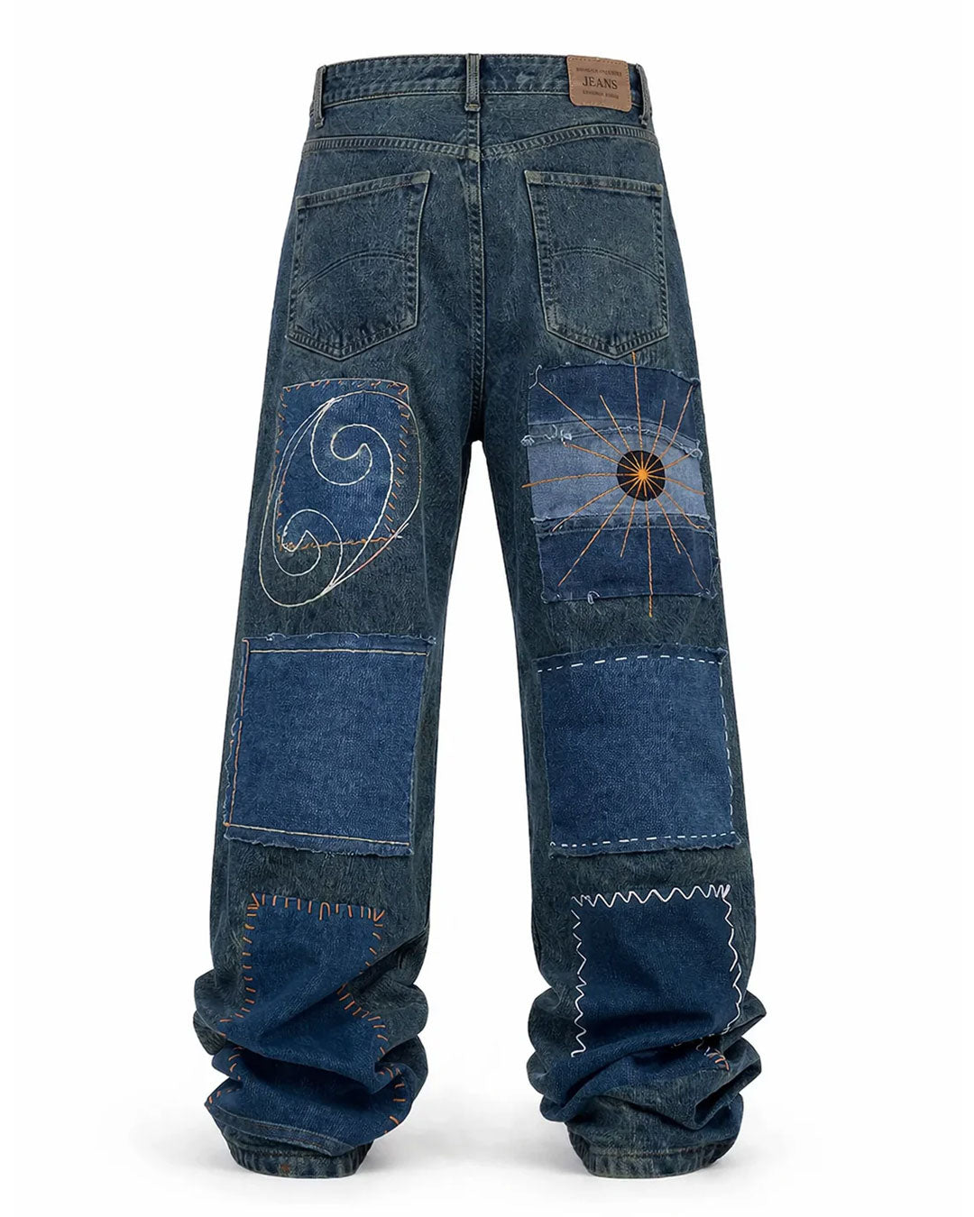 Patchwork Embroidered Wide Leg Denim Jeans