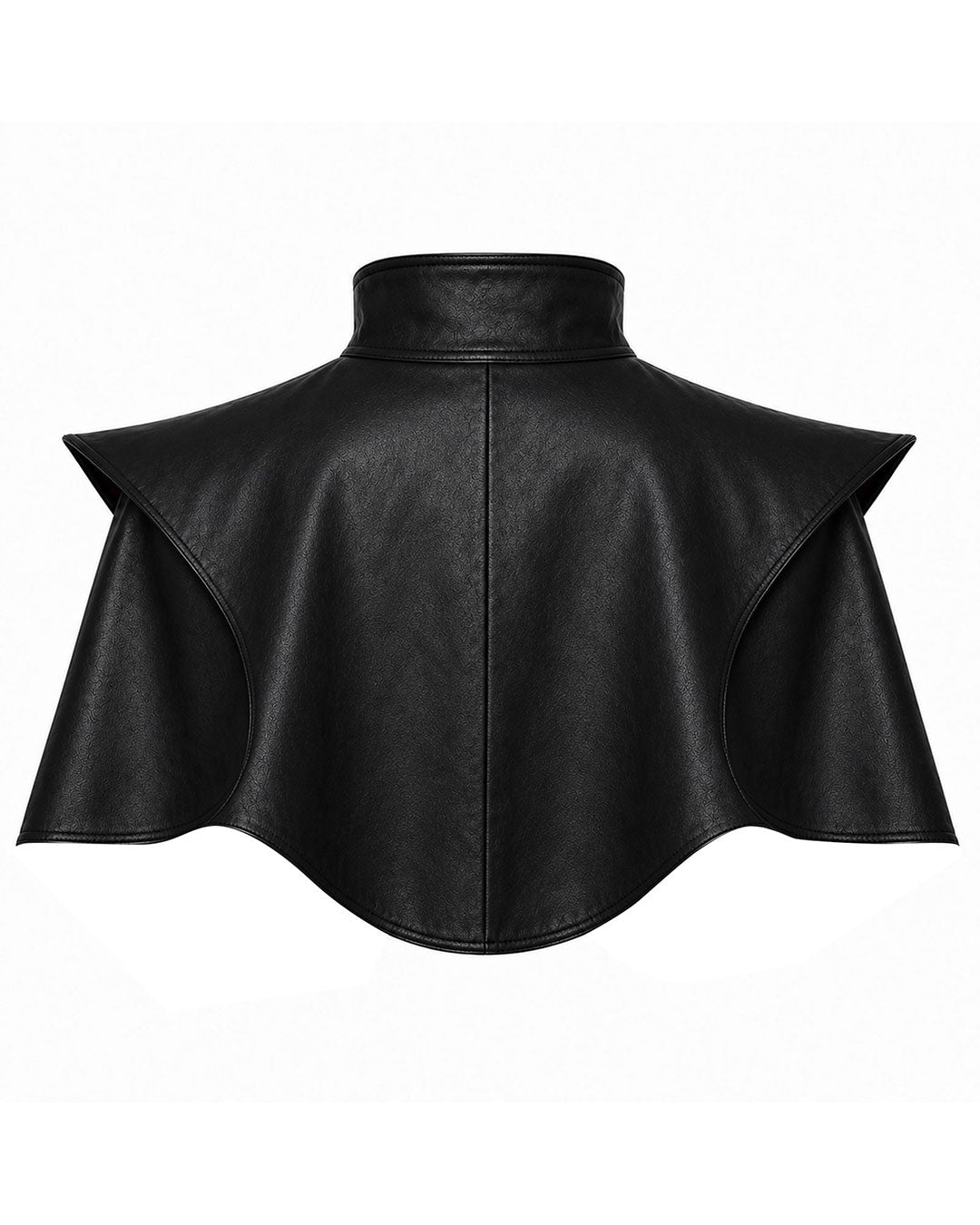 Black faux leather cape collar with dramatic shoulder flares and a high stand-up collar, shown from the back on a white background.