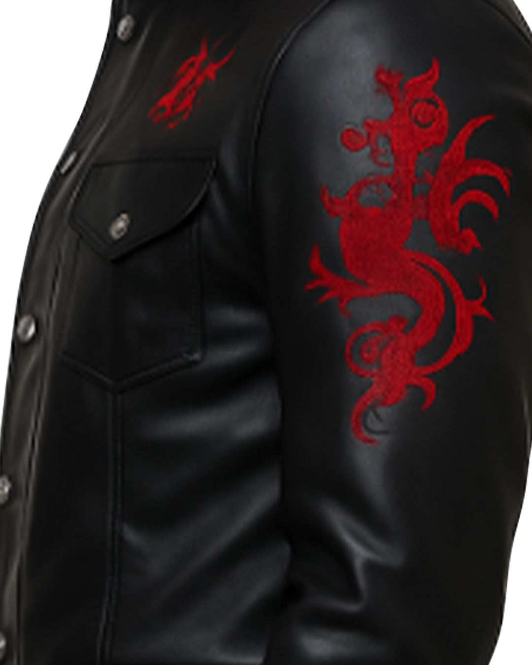 Men's black faux leather jacket with red dragon embroidery on shoulder and chest, military-style design with metal buttons and flap pockets