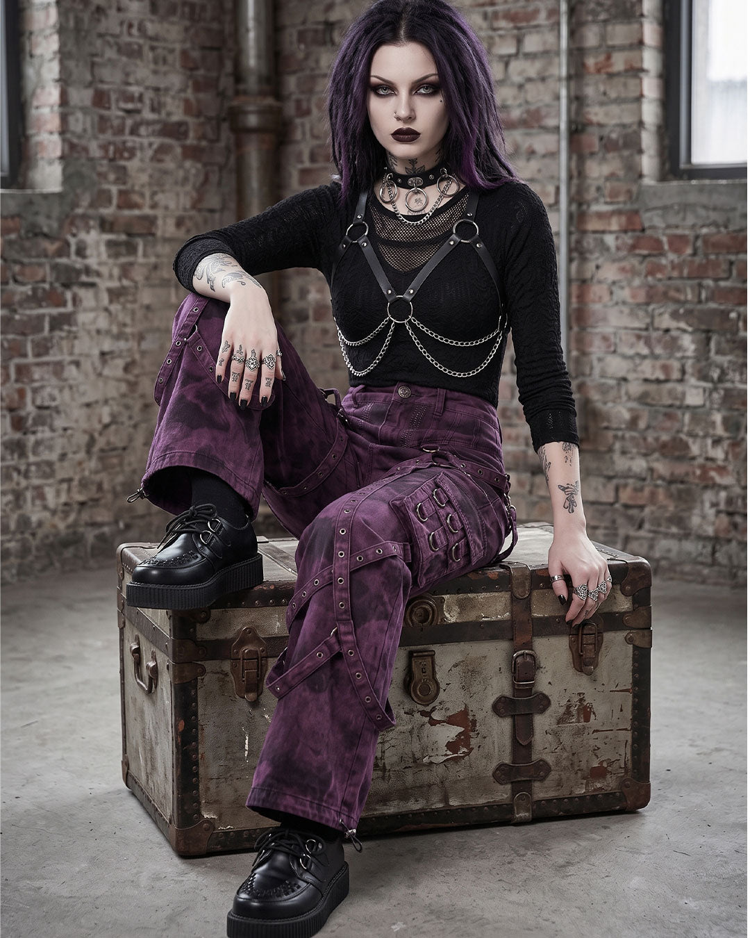 Woman sitting wearing purple cargo pants, emo pants, cargo pants women's pants lifestyle shot