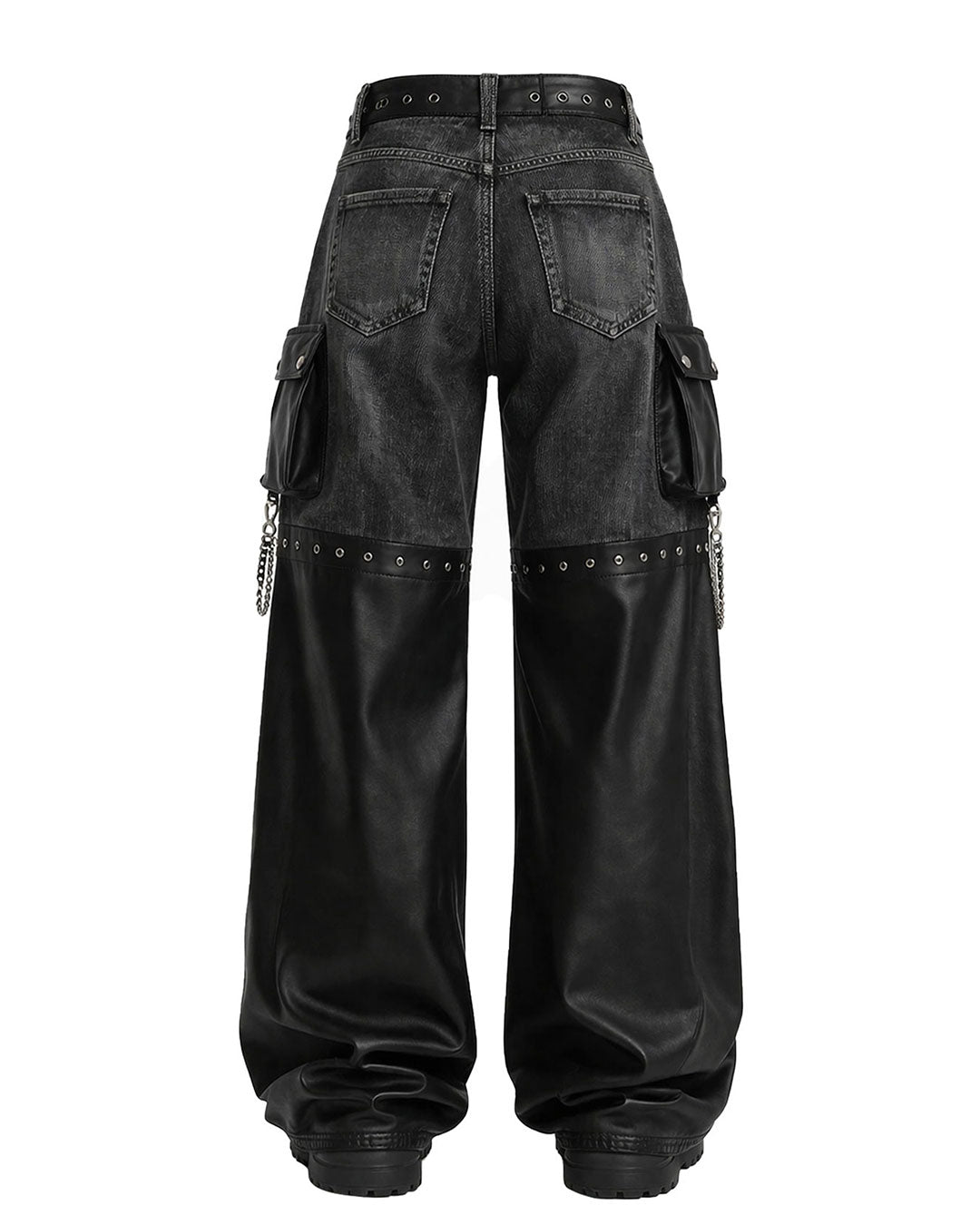 Detail of oversized flap pockets on black gothic chain pants