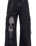 Close-up of baggy jeans men cargo pocket with skull print and chain detail