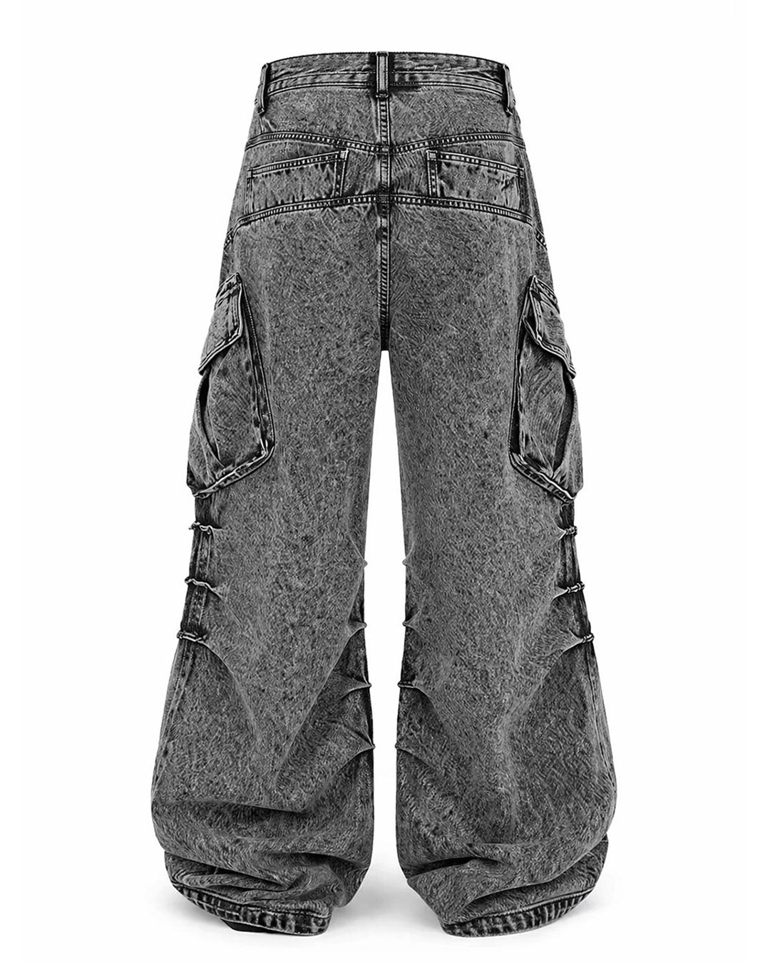 Baggy cargo jeans for men in washed grey denim with wide-leg fit, oversized side cargo pockets, and streetwear styling shown in front and back view.