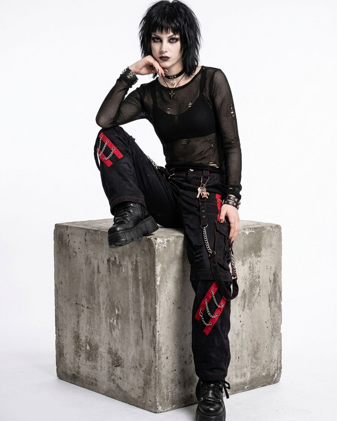 Women's Gothic Punk Cargo Pants Black Red Chain Strap