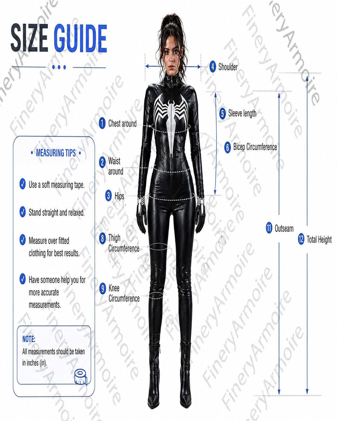 A size guide diagram for a black Spider-Man-inspired bodysuit shown on a model. The graphic includes labeled body measurement points from shoulder to total height, a measuring tips box, and a note, with the title 'SIZE GUIDE' at the top.