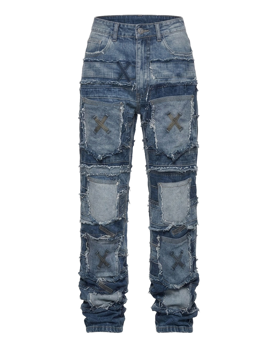 Flat lay front view of emo pants style patchwork jeans with distressed denim panels and raw-edge seams