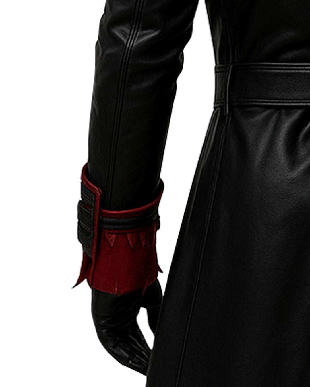 Men’s Gothic Vampire Faux Leather Trench Coat black and red cuff detail with belt and glove