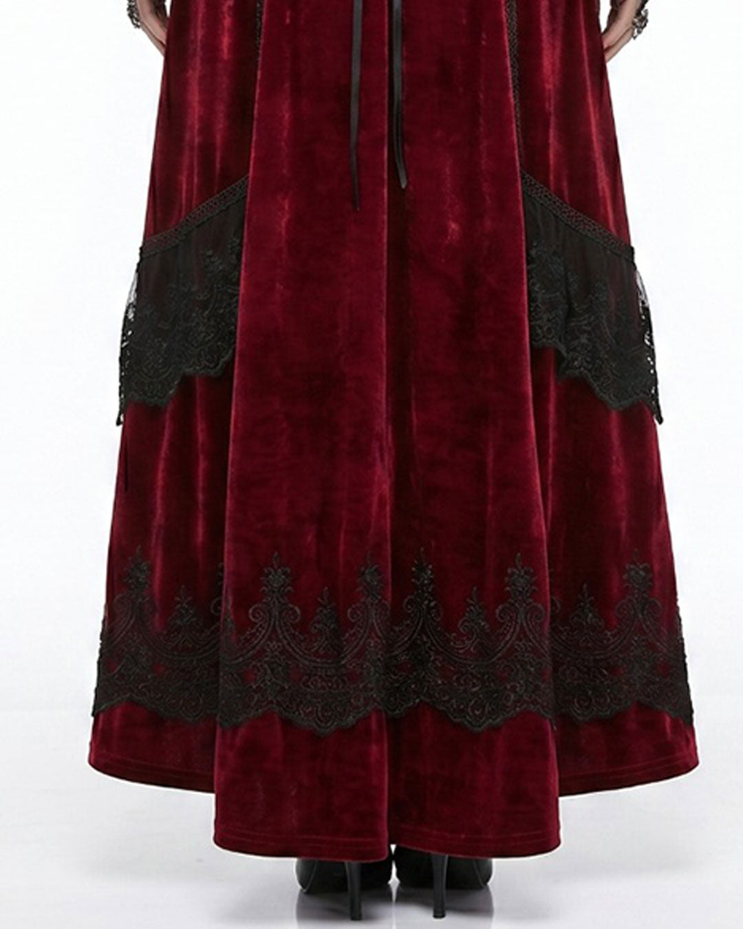 Crimson Horn Gothic Devil Halloween Costume Dress front view in red velvet with black lace