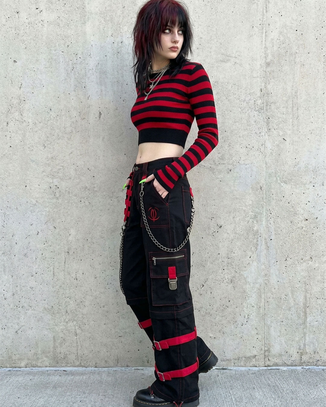 Women's Gothic Cargo Pants – Black Red Punk Wide Leg Pants