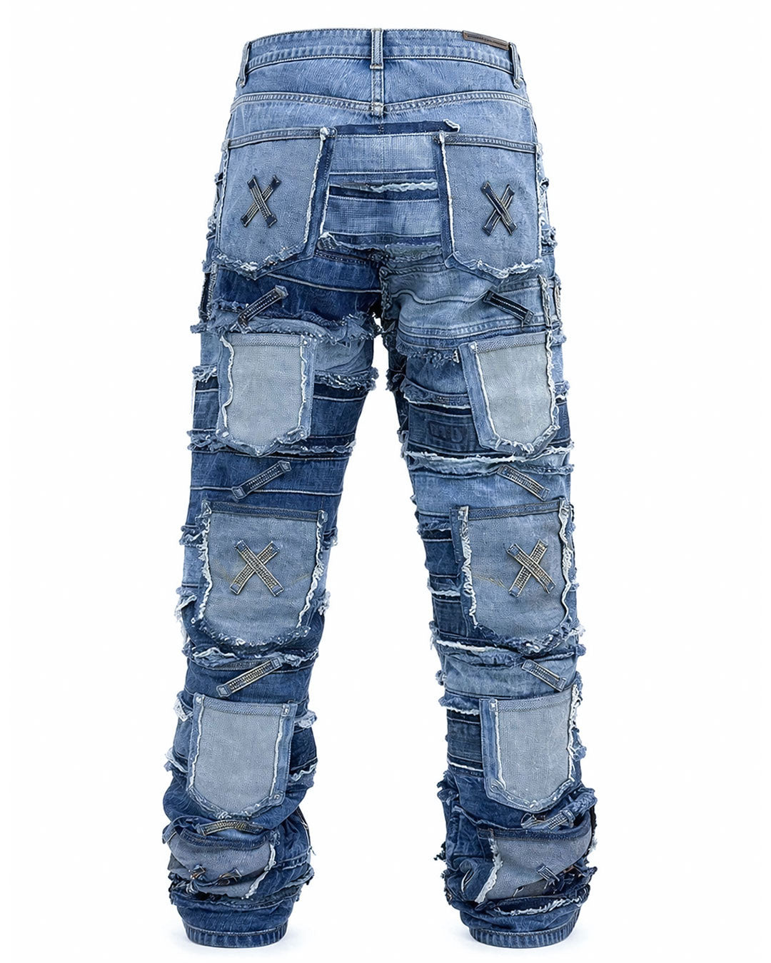Patchwork distressed denim jeans with layered panel design, worn-in ripped detailing, and bold streetwear-inspired styling.