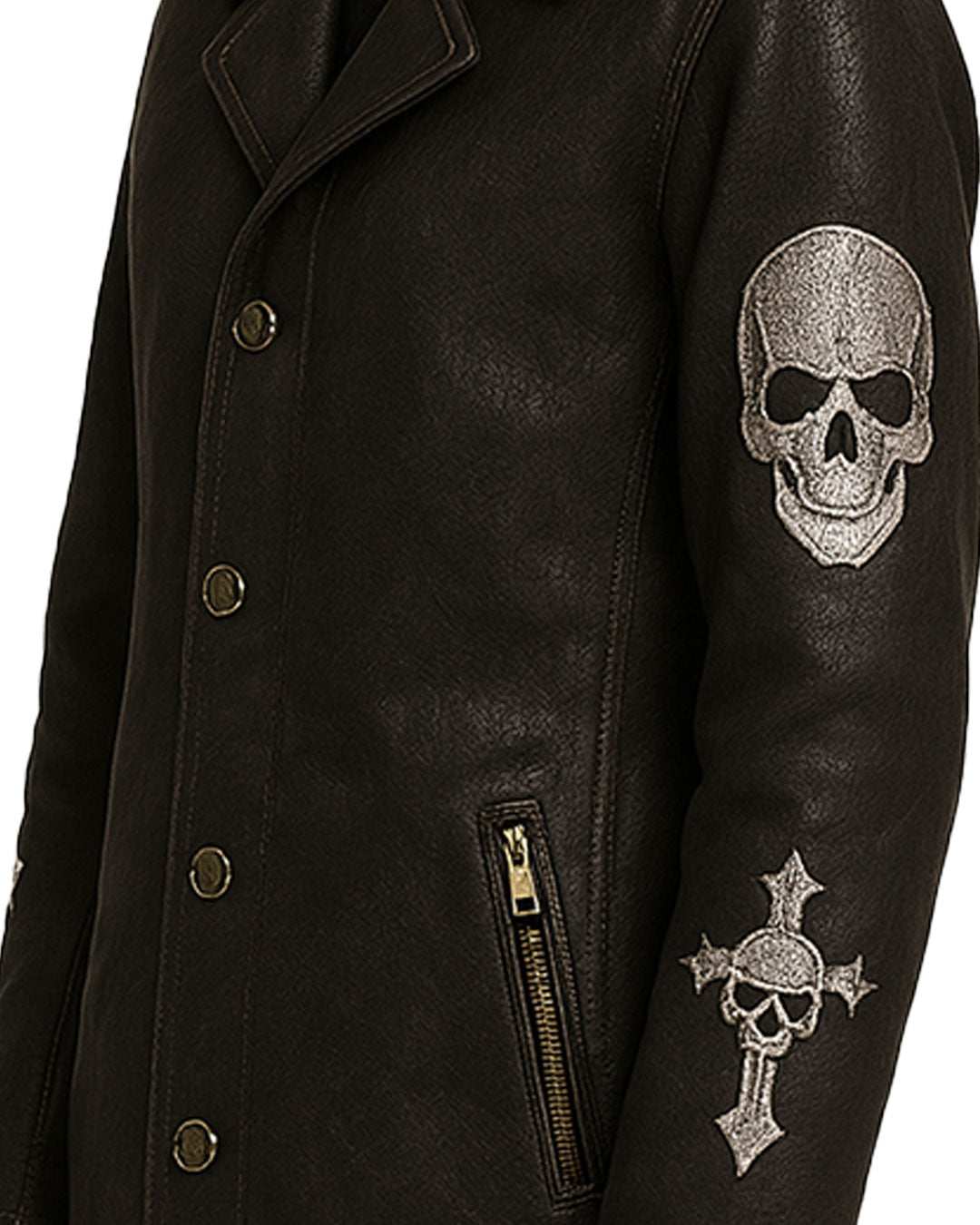 Gothic Skull Cross Embroidered Black Leather Coat