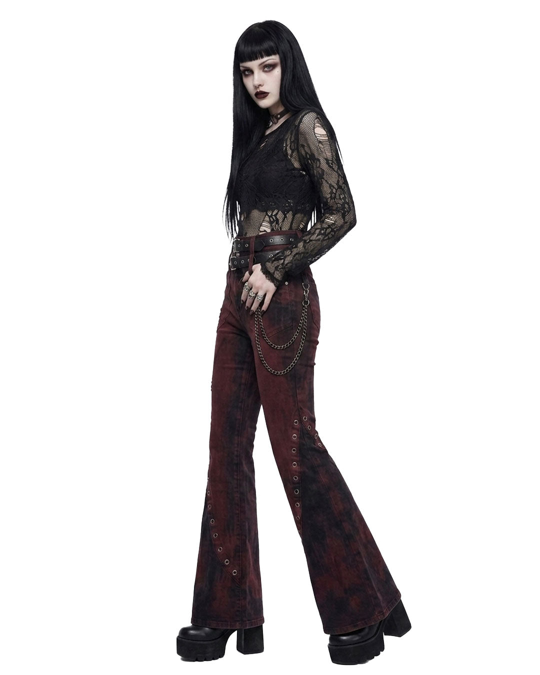 Flare pants women gothic bell bottom jeans side view on model