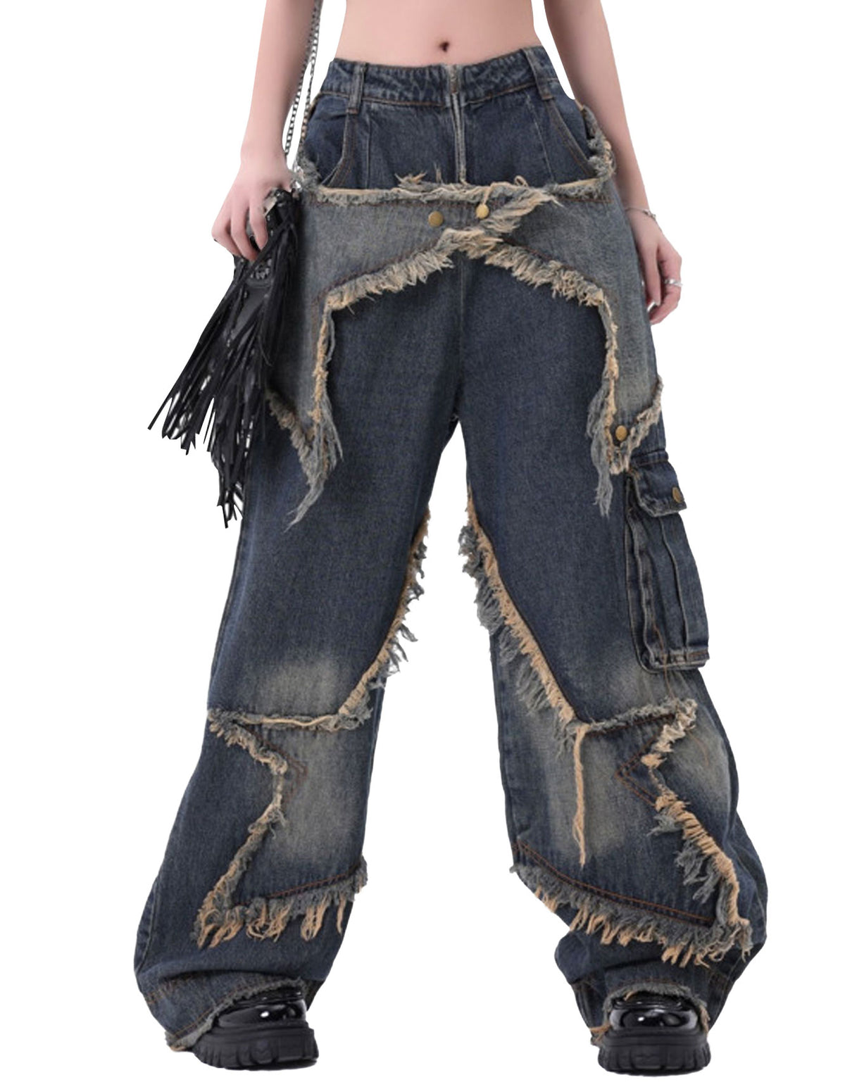 Women's Patchwork Fringe Pocket Wide Leg Loose Casual Cargo Boyfriend Jeans