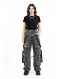 Baggy Cargo Jeans Women front view featuring washed black womens cargo jeans with a wide leg cargo jeans fit and utility pockets.