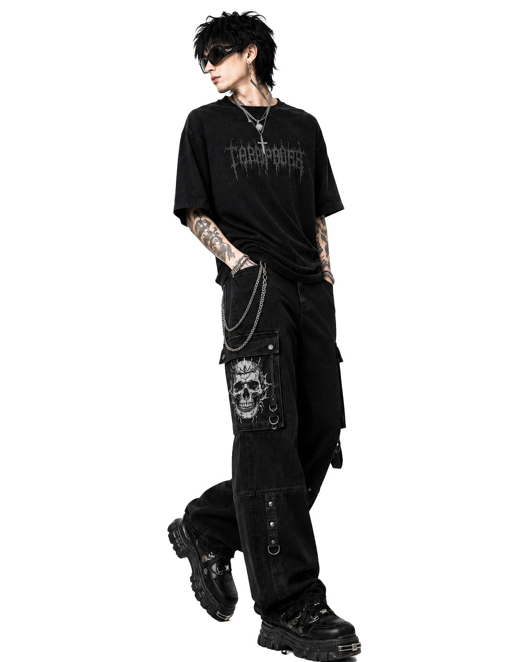Side view of baggy cargo pants showing wide leg silhouette and skull graphic pocket