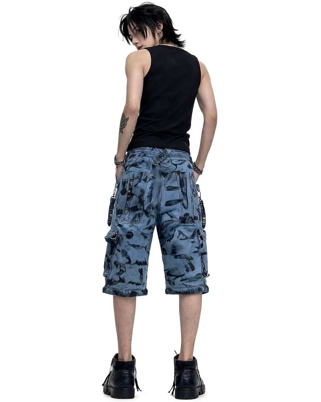 Men’s Blue Denim Cargo Pants with Chains and Buckles