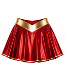 A red pleated skirt with a shiny gold V-shaped waistband and gold trim along the hem, shown against a plain white background.