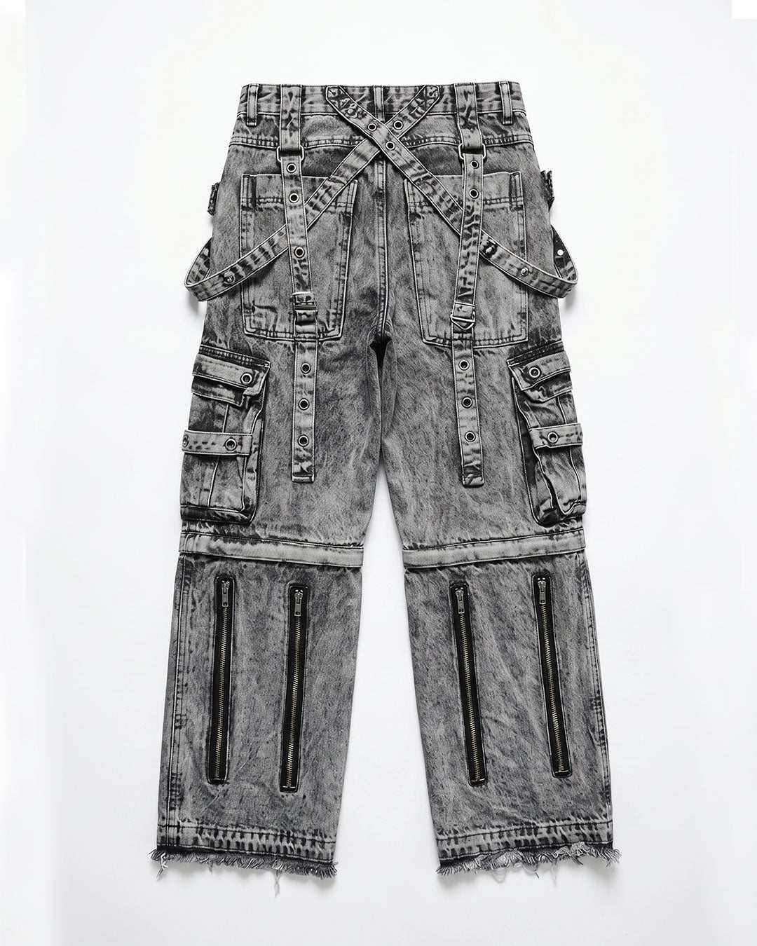 Close-up of strap and pocket hardware on men's denim cargo pants