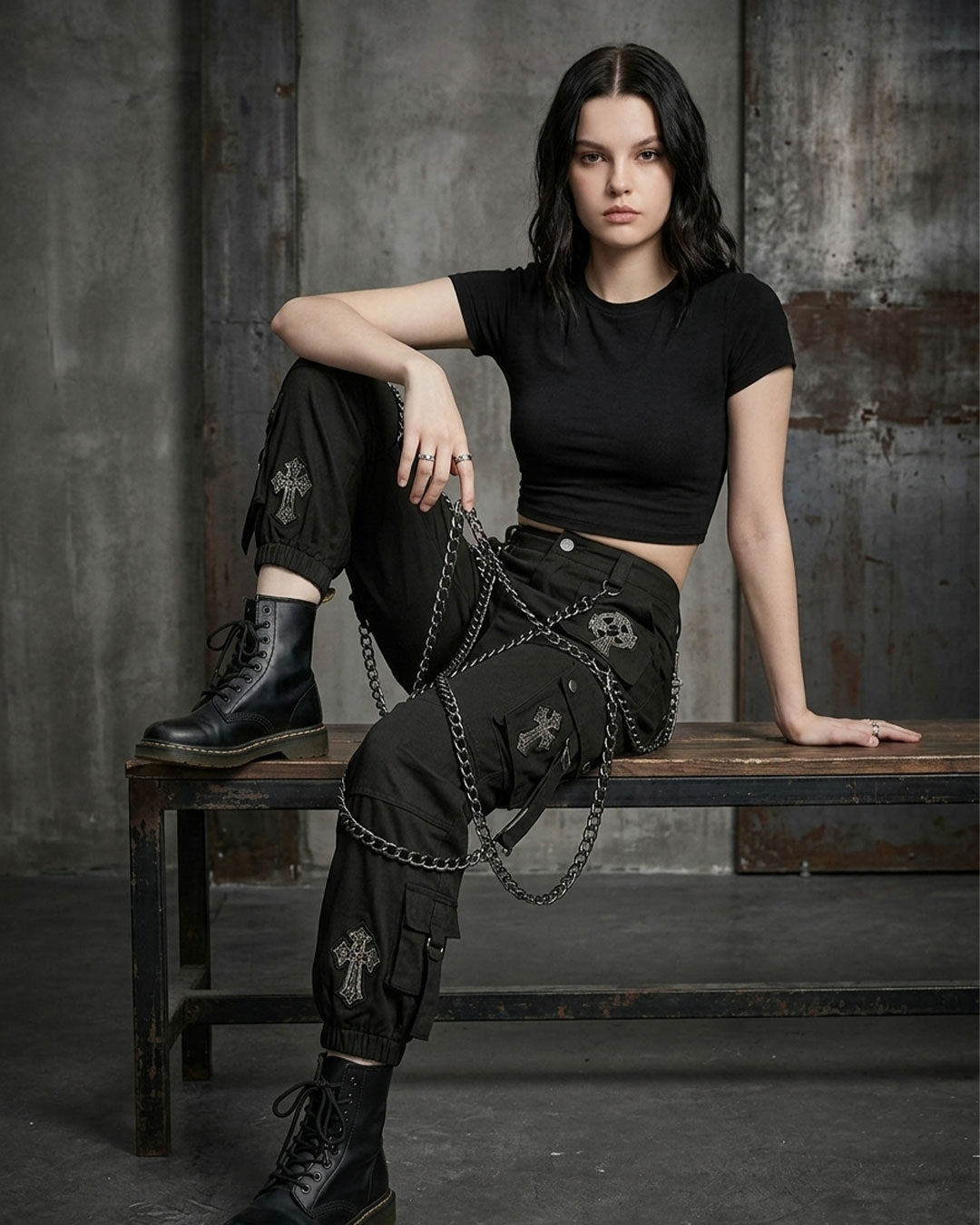 Women's Gothic Cross Chain Cargo Pants