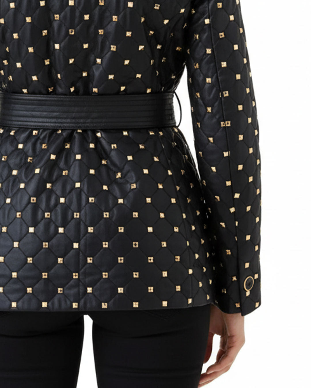 Black Leather Blazer with Gold Studded Accents