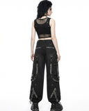 Back view of women's tactical cargo pants with harness strap detail