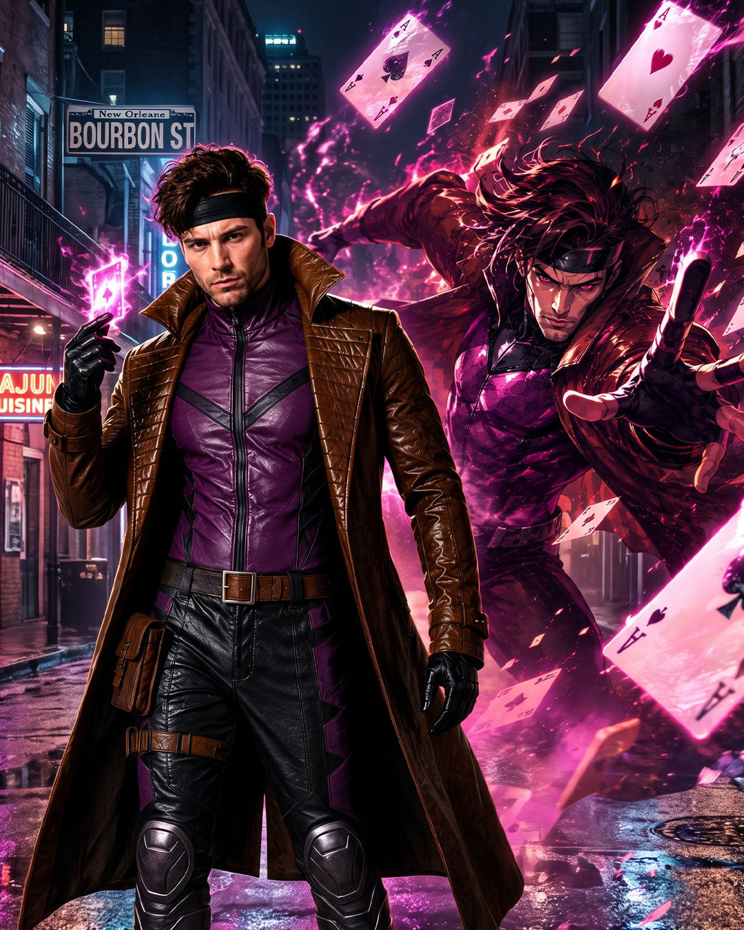 A stylized poster-like scene on a city street with two illustrated male characters in superhero costumes. The foreground figure wears a brown trench coat, purple jacket, black pants, and gloves, while the background figure is mostly obscured by pink and purple energy effects and flying playing cards.