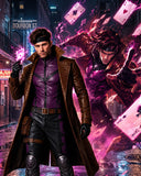 A stylized poster-like scene on a city street with two illustrated male characters in superhero costumes. The foreground figure wears a brown trench coat, purple jacket, black pants, and gloves, while the background figure is mostly obscured by pink and purple energy effects and flying playing cards.
