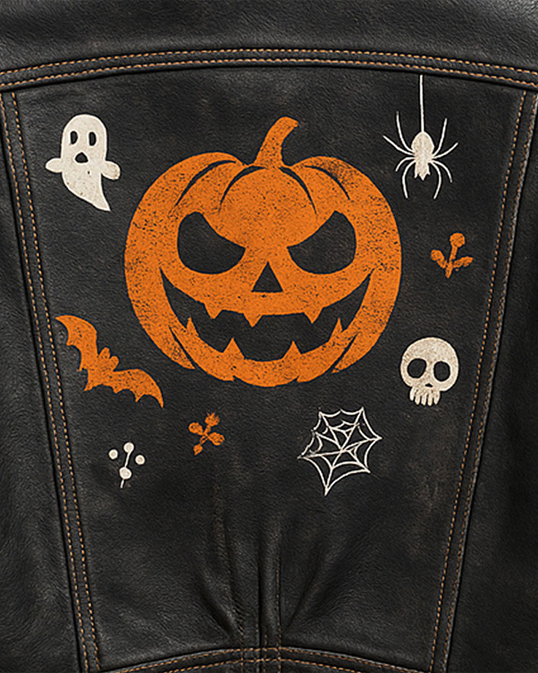Halloween Pumpkin Studded Leather Jacket – Spooky Skull & Bat Design