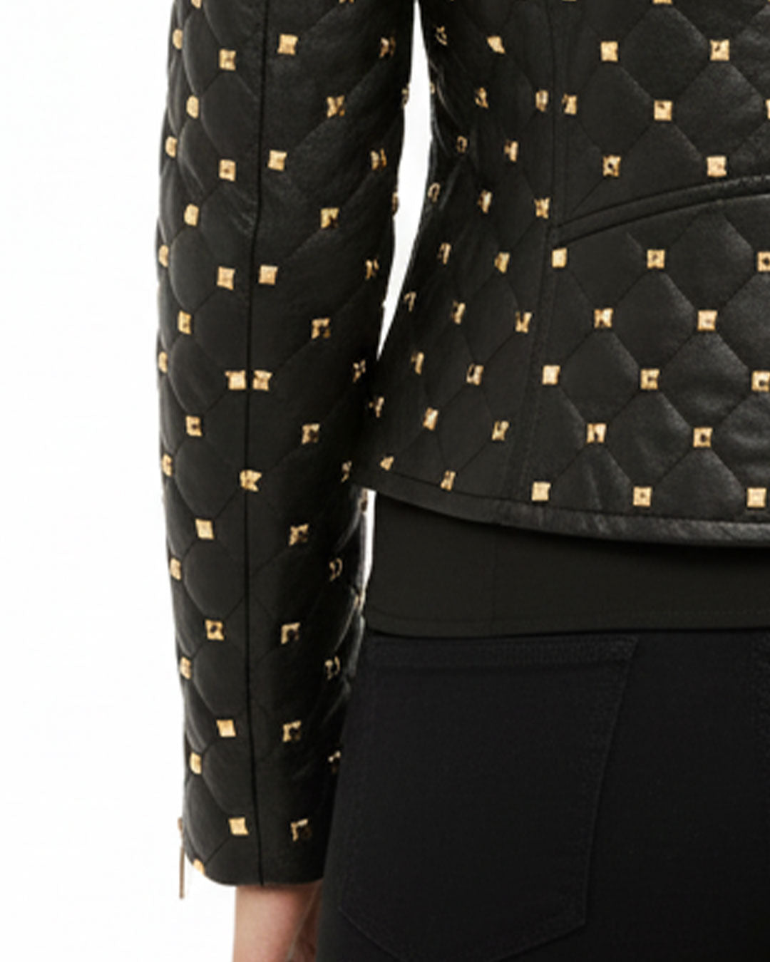 Women's Black Quilted Leather Jacket with Gold Studded Accents