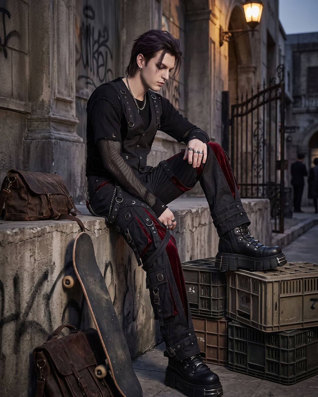 Man wearing gothic pants and punk streetwear outfit in urban setting
