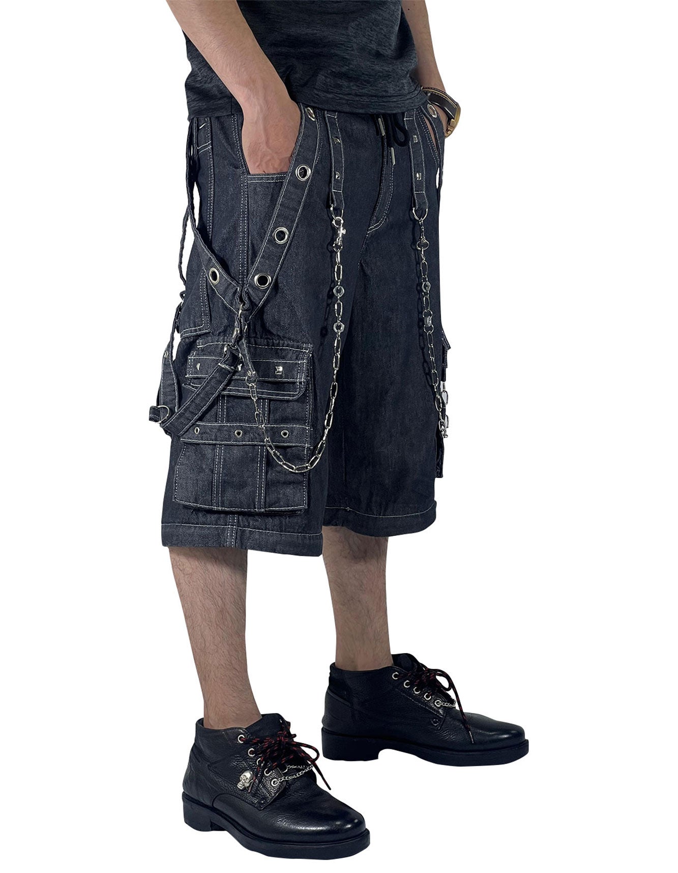 Unisex Convertible Gothic Punk Cargo Pants with Straps, Chains & Zippers