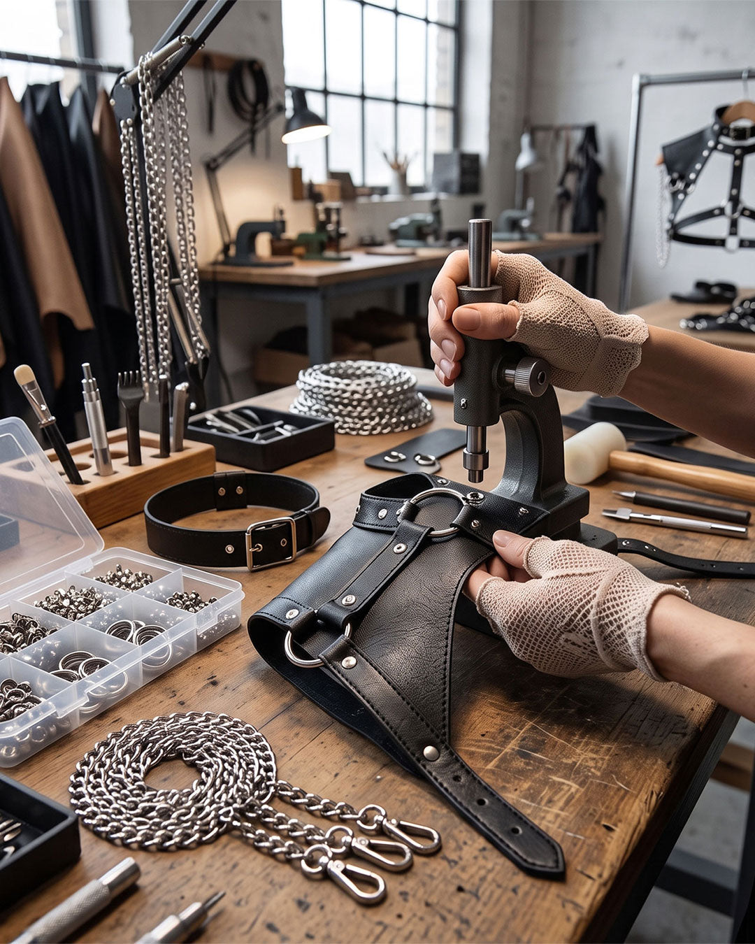 A close-up of a leather strap or collar being adjusted on a wooden workbench by a person wearing beige knit gloves. The scene shows a leatherworking workshop with tools, chains, rings, and hardware arranged around the bench.