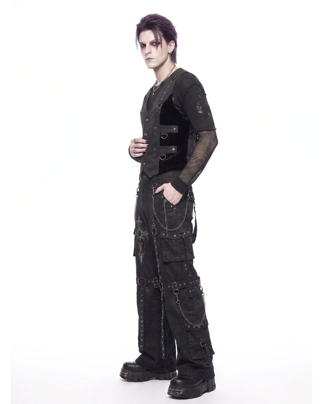 Side view of baggy cargo pants mens with pant chains and buckle straps
