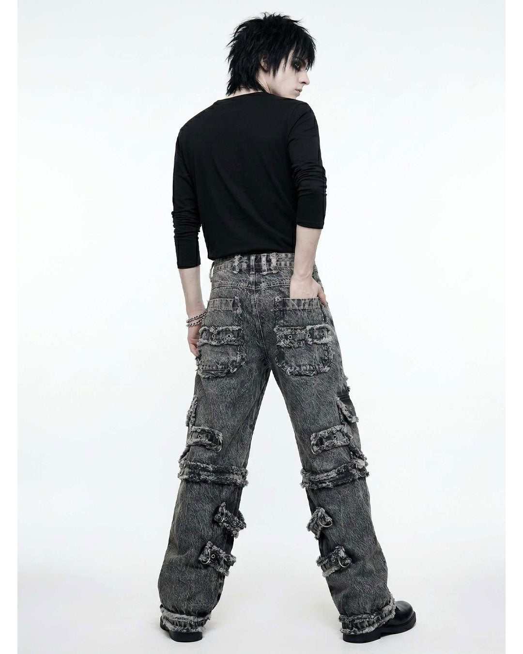 Y2K Distressed Black Denim Cargo Pants