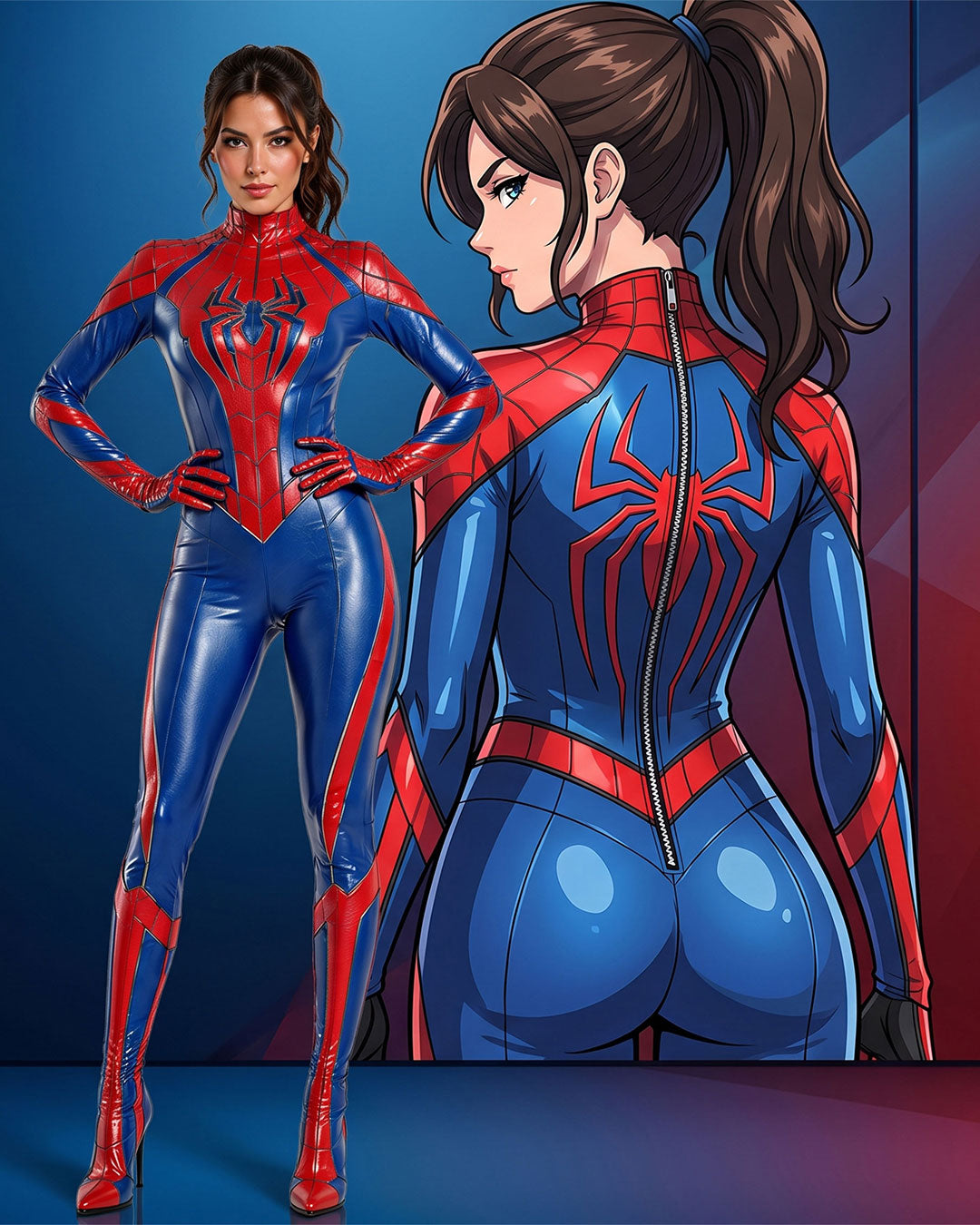 Split image comparing a real-life model in a red and blue faux leather superhero cosplay catsuit with an animated illustration of the same design from behind, emphasizing the spider emblem, zip-back closure, and fitted silhouette.