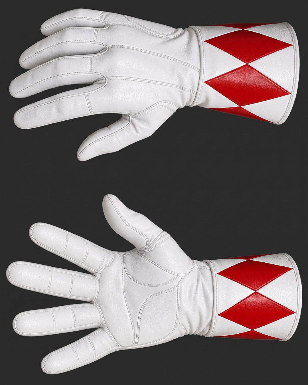 A pair of white leather gloves with red diamond patterns on the cuffs, shown from both sides against a dark gray background.