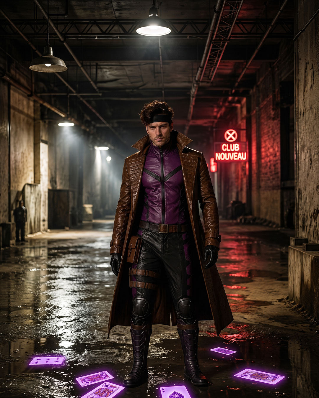 A man stands in a dark, wet industrial hallway wearing a long brown trench coat over a purple and black costume, with glowing purple cards on the floor and a red neon sign reading 'CLUB NOUVEAU' in the background.