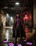 A man stands in a dark, wet industrial hallway wearing a long brown trench coat over a purple and black costume, with glowing purple cards on the floor and a red neon sign reading 'CLUB NOUVEAU' in the background.