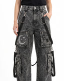 Close-up of Baggy Cargo Jeans Women highlighting utility pockets, adjustable straps, and washed black womens cargo jeans craftsmanship.