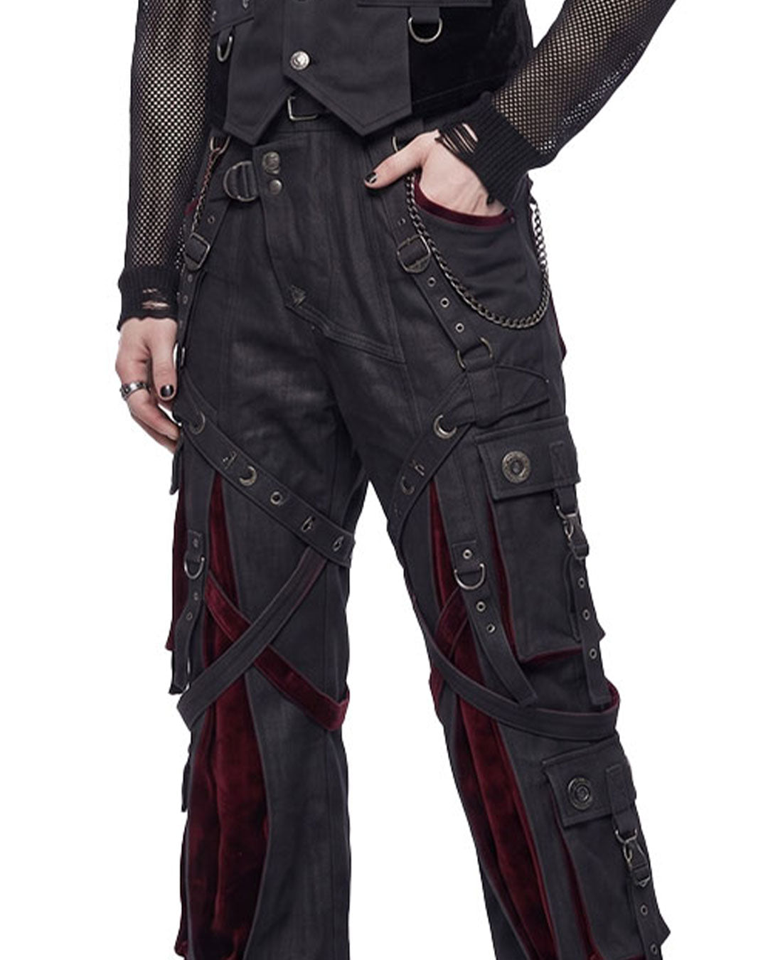 Close-up of punk cargo pants waist straps, chains and red velvet lining
