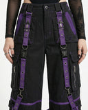 Close-up of buckle strap and pocket detail on gothic cargo pants
