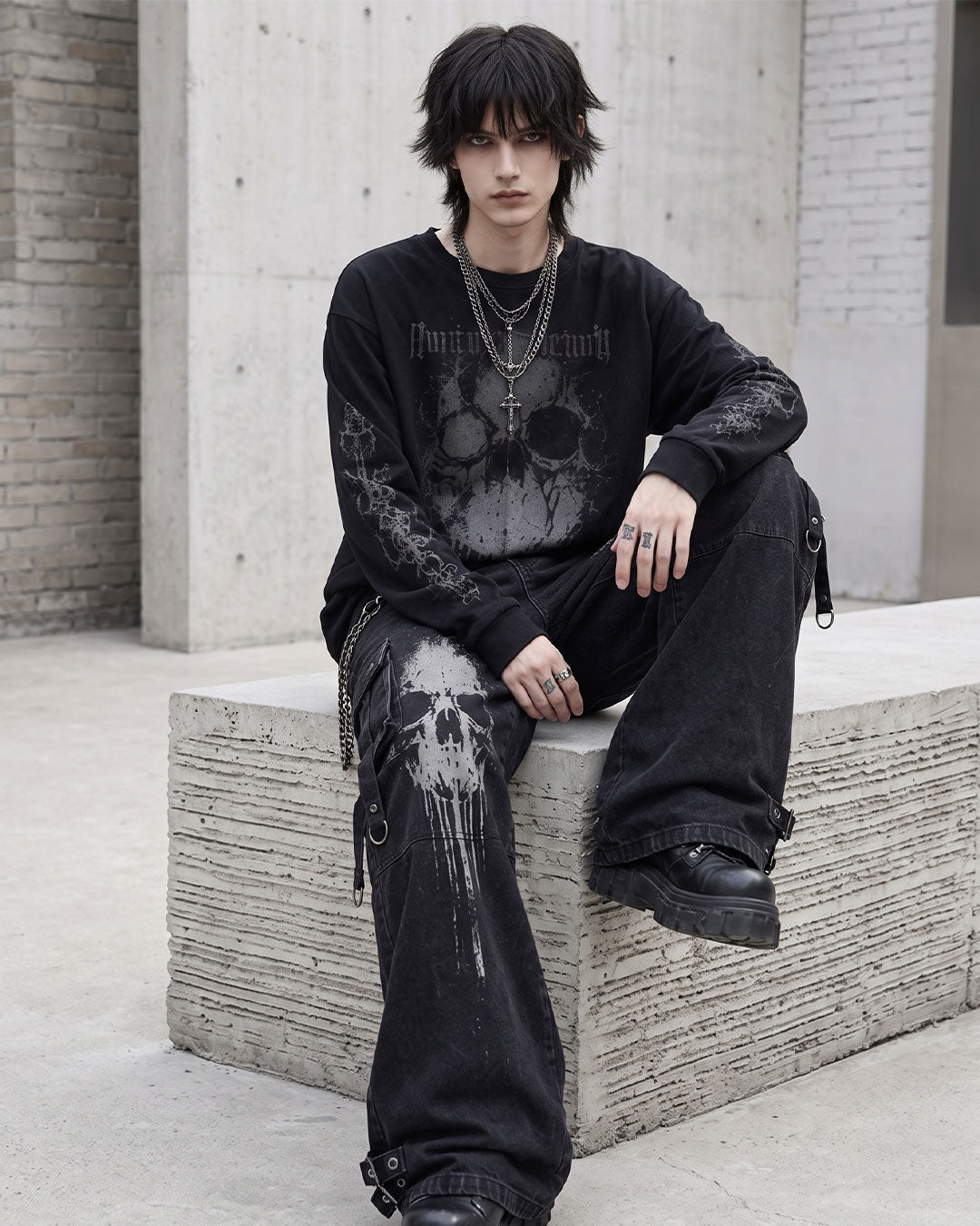Model sitting wearing gothic cargo pants with skull print and platform boots