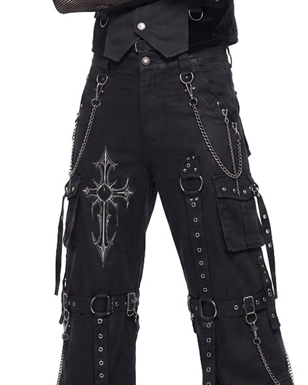 Close-up of cargo black pants mens cross print, D-rings and pant chains
