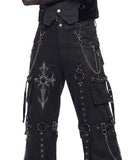 Close-up of cargo black pants mens cross print, D-rings and pant chains
