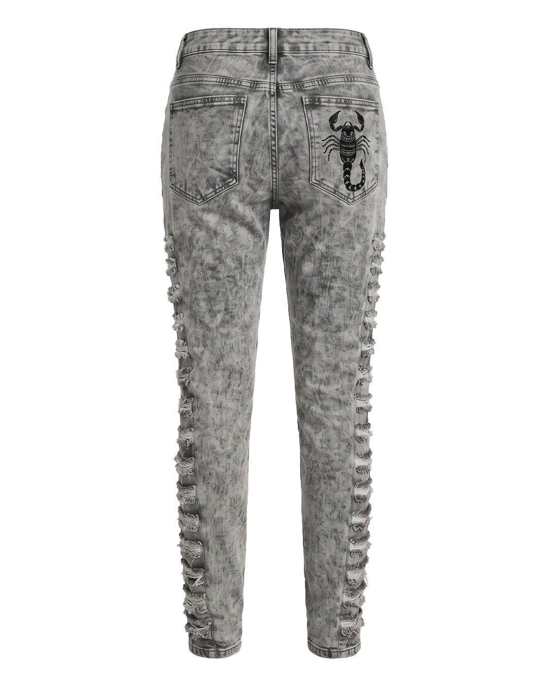 Back view flat lay of grey distressed skinny jeans women featuring scorpion patch and torn thigh panels
