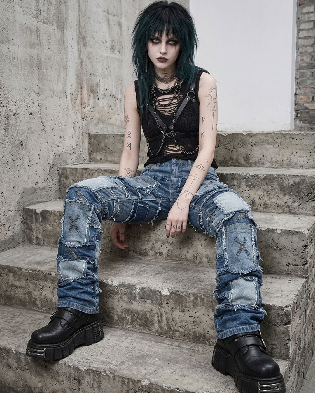 Model sitting on concrete steps wearing baggy patchwork jeans women with grunge streetwear styling